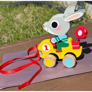 Wooden Pull Toy Kids Bunny Rabbit Race Car spring Retro Unique Djeco